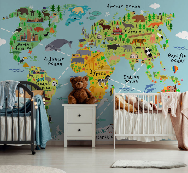 Removable Wallpaper,World Map with fashion Animals in Blue,Nursery,Self Adhesive or Vinyl