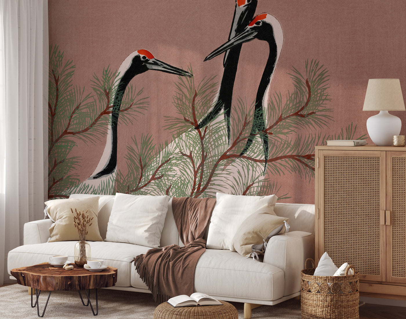 Vintage Mocha Cranes Wall Mural