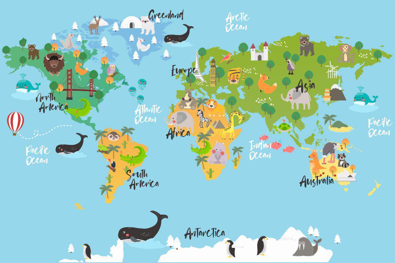 Animal World Map Wall Mural | Kids Wallpaper Murals | Eazywallz